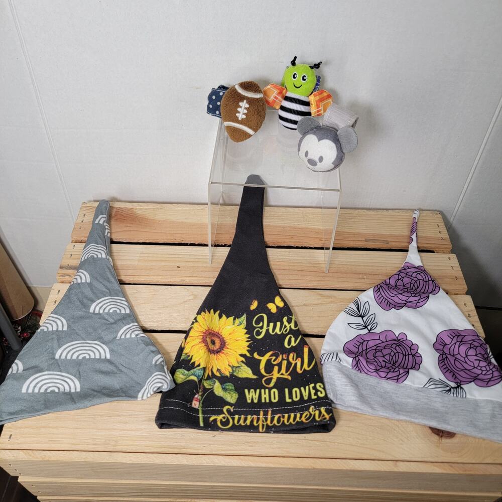Set of 6 Infant Accessories: 3 Caps & 3 Wrist Rattles
